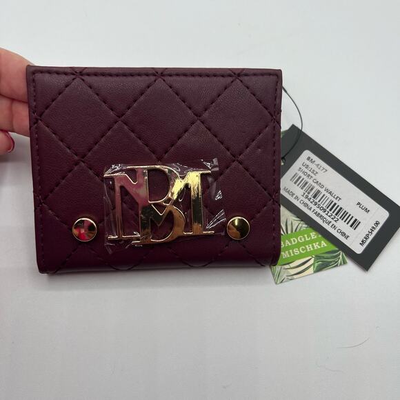 Badgley Mischka Womens Short Bifold Card Wallet Plum Burgundy Vegan Leather NWT - Picture 1 of 11